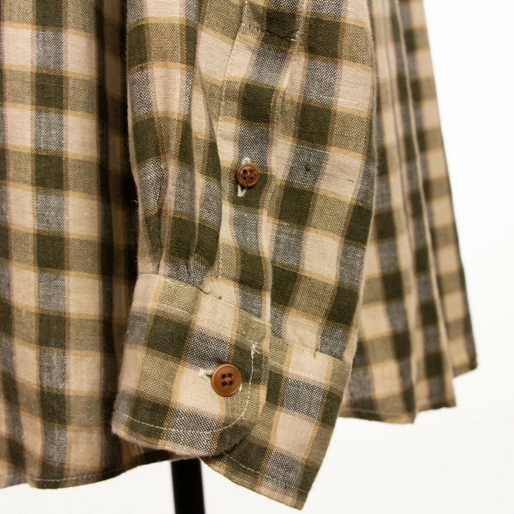 J Crew 100% Linen Mens L Brown Plaid Check LS Button Front‎ Shirt